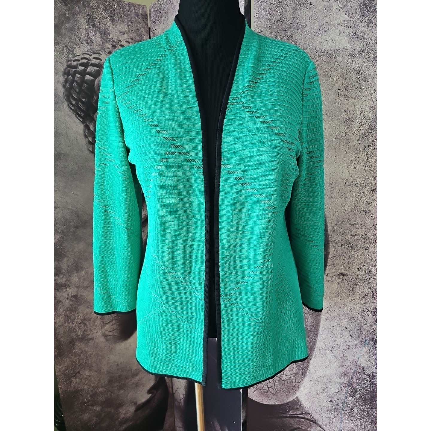 Misook Woman Open Front Green Peep Thru Cardigan Long Sleeve Sweater Size S Yj01